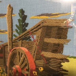 VTG Framed crewel stitch pic Wagon Prairie Flowers & Log Cabin Scene 19X…